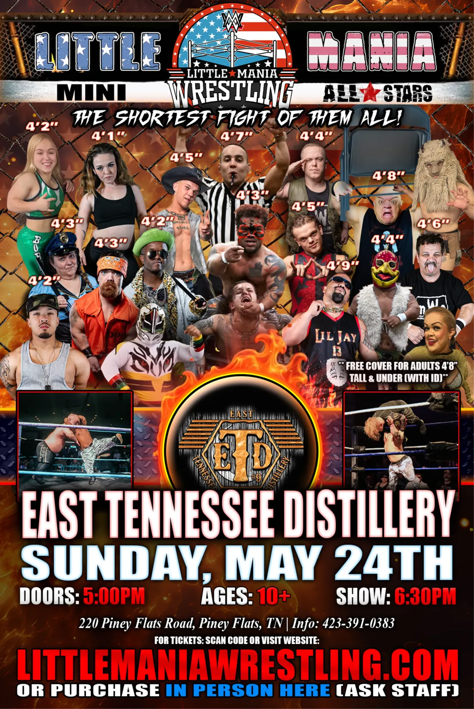 Piney Flats, TN - Little Mania Wrestling @East Tennessee Distillery "The Shortest Fight of Them All!" flyer