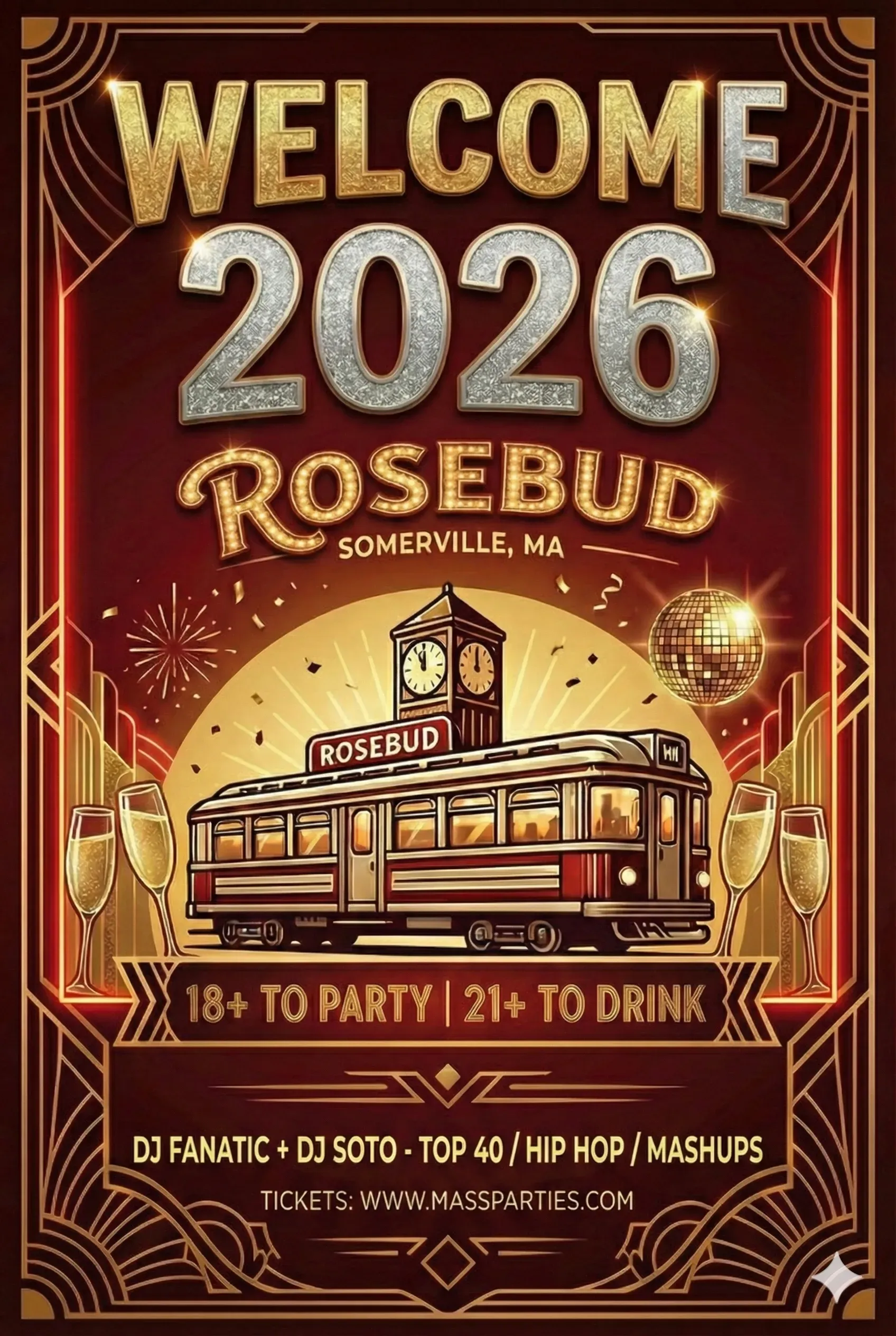 NYE 2026 @ Rosebud - 18+ Party | 21+ Drink flyer